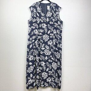 Coldwater Creek Women's 1X Floral Midi Dress Navy 100% Silk Sleeveless V-neck